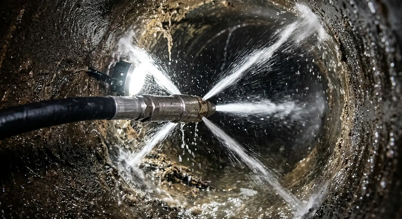High-pressure hydro jetting nozzle cleaning sewer pipe for Sewer Cleanout in Hackettstown
