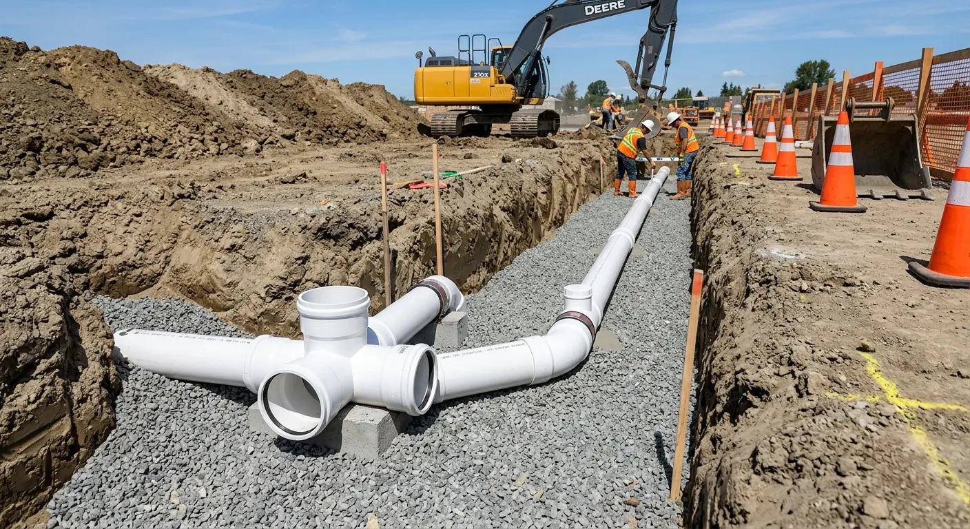 New PVC sewer pipe installation in open trench for Commercial Drain Cleaning in Hackettstown