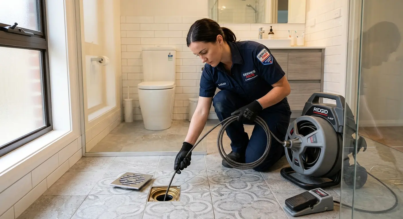 Technician clearing a bathroom floor drain for Hydro Jetting in Hackettstown